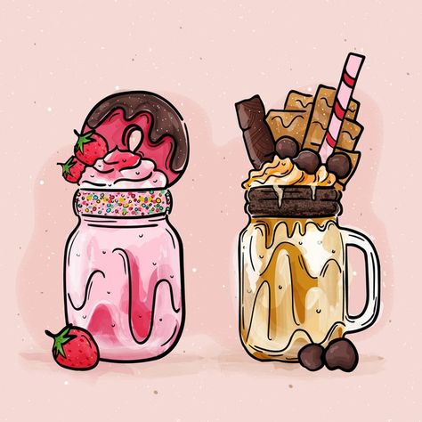 Discover thousands of free-copyright vectors on Freepik Monster Shakes, Candy Drawing, Desserts Drawing, Food Doodles, Sweet Drawings, Food Illustration Art, Cute Food Drawings, Food Drawings, Cute Food Art