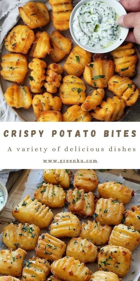 Crispy Potato Bites with Herb Yogurt Sauce Ingredients: Potato Bites 3 potatoes 1 teaspoon paprika Black pepper to taste 100 grams cornstarch (3.5 oz) Fresh parsley, chopped Olive oil for frying Salt to taste Herb Yogurt Sauce: 3 tablespoons Greek yogurt A bunch of fresh dill, chopped 1 tablespoon soy sauce 1 tablespoon mayonnaise #Crispy #PotatoBites Potatoes Ideas Side Dishes, Plain Food Recipes, Soy Sauce Veggies, Small Dishes Food, Nibble Potatoes Recipe, Ways To Cook Red Potatoes, Homemade Potato Recipes, Crispy Potato Recipes, Make Vegetables Taste Good