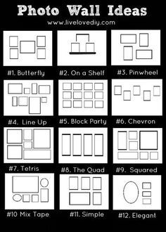 Photo wall arrangements. I like mirror image of no. 4 for up the stairs, two rows of no. 5 along wall opposite basement stairs Photo Gallery Wall Layout, Photo Wall Ideas, Walle Tattoo, Bedroom Summer, Baddie Apartment, Photowall Ideas, Paint Patterns, Moody Wallpaper, Photo Wall Display