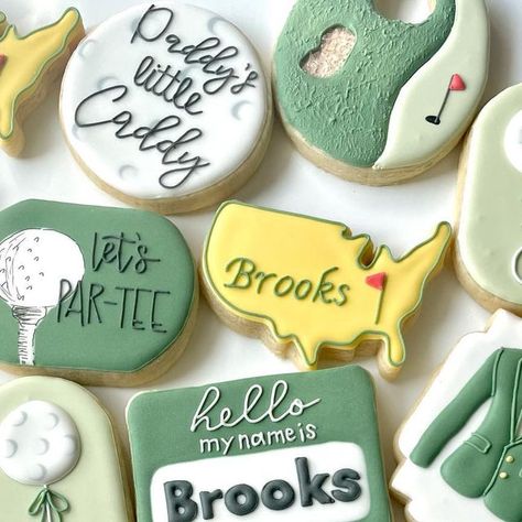 Samantha on Instagram: "Let’s Par-tee! ⛳️👶🏼 . . . . . . . #sugarcookies #decoratedsugarcookies #willowparkcookies #aledocookies #fortworthcookies #fortworth #golfbabycookies #golfcookies #masterscookies #babycookies #babyshowercookieset #babyshowercookies #rattlecookies #flowercookies #daddyslittlecaddycookies #daddyslittlecaddy" Golf Party Cookies, Golf Baby Shower Cookies, Masters Cookies, Golf Gender Reveal Party, Golf Sugar Cookies, Golf Gender Reveal, Felix Birthday, Golf Cookies, Galletas Royal Icing