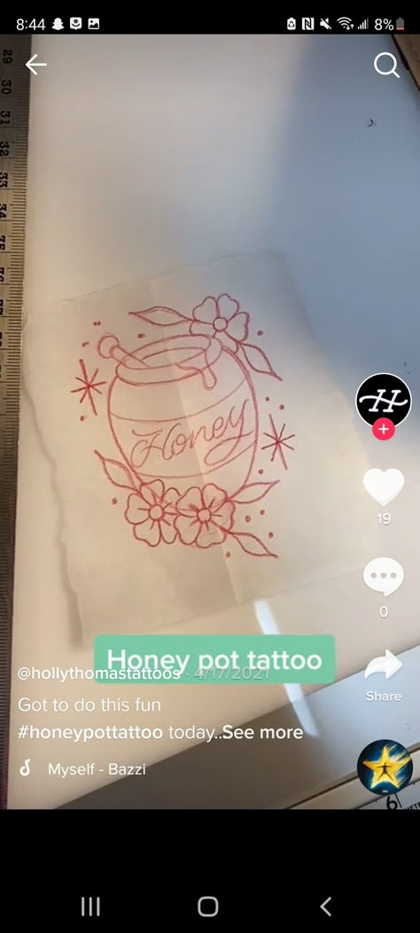 Sweet As Honey Tattoo, Honey Tattoo Traditional, Tiny Honey Pot Tattoo, Honey Pot Tattoo Ideas, Honey Dipper Tattoo, Hunny Pot Tattoo, Honey Pot Tattoo Simple, Winnie The Pooh Honey Pot Tattoo, Small Honey Jar Tattoo