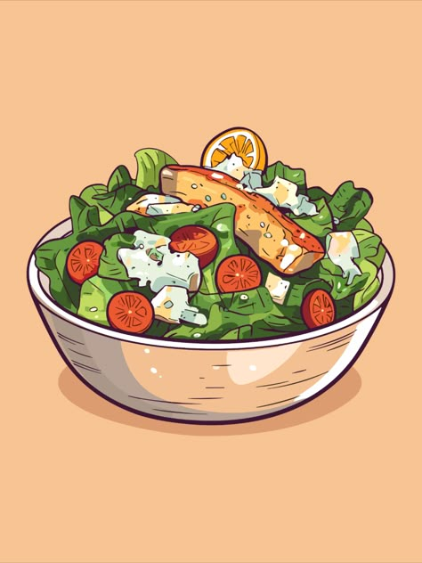 chicken caesar salad vector illustration. clean line and color clip art for menu, poster, web Salad Drawing, Salad Design, Salad Menu, Menu Poster, Chicken Pictures, Food Business Ideas, Unique Recipe, Chicken Caesar, Chicken Caesar Salad