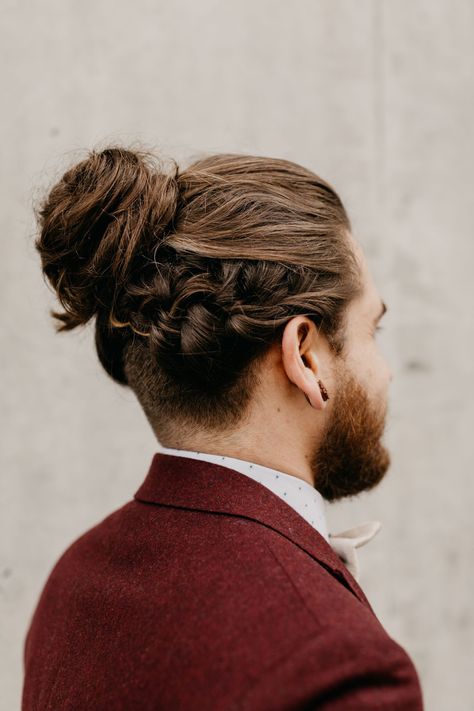 Updo Side, Urban Winery, Fall Braids, Braided Man Bun, Man Bun Hairstyles, Groom Details, Wedding Braids, Men's Long Hairstyles, Curly Hair Updo