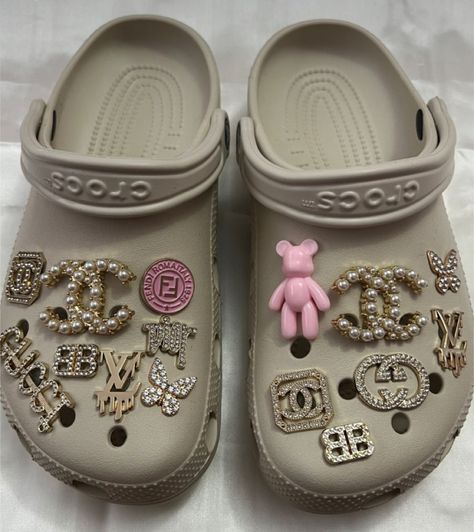 Leopard Crocs With Charms, Cream Crocs With Jibbitz, Beige Crocs With Charms, Tan Crocs With Charms, Grey Crocs With Charms, Crocs And Charms, Crocs Designer Jibbitz, Designer Crocs Charms, Croc Inspo Charms