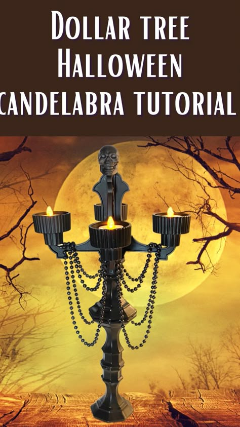 Dollar Tree Halloween Candelabra Tutorial Decorate Chandelier For Halloween, Candelabra Halloween Decor, Diy Chandelier Halloween, Diy Candelabra Dollar Tree, Diy Candleabra Halloween, Diy Halloween Chandelier Decor, Diy Halloween Candleabra Ideas, Diy Candleabra Ideas Dollar Tree, Halloween Candelabra Ideas