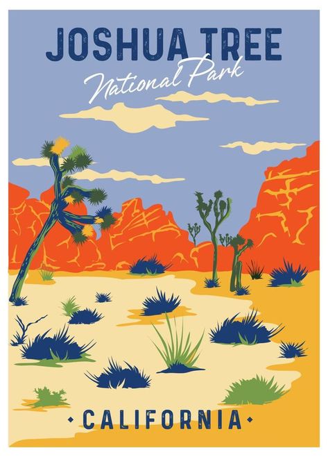 Joshua Tree vector illustration in Vintage Vacation poster design style, perfect for tshirt design and wall decor Vacation Poster Design, Joshua Tree Poster, Tree Vector Illustration, Shutterstock Design, Tree Poster, Vintage Vacation, Tree Vector, California National Parks, Joshua Tree National Park