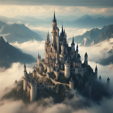 A castle in the clouds, where dreams find their sanctuary. Dark Castle Art, Castle In Mountains, Mythological Aesthetic, Kingdom In The Clouds, Air Kingdom, Mountain Castle, Castle Inspiration, Fantasy Place, Castle In The Clouds