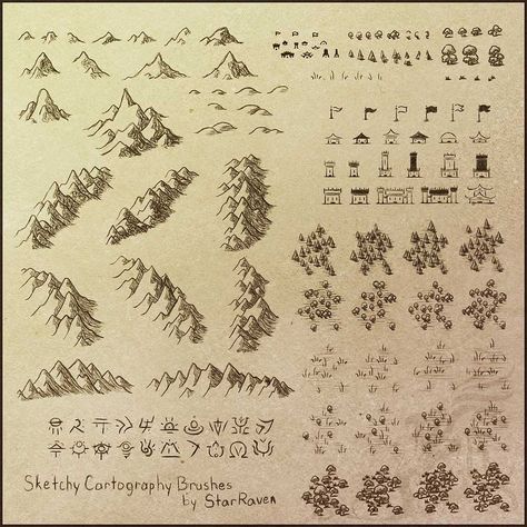 Sketchy Cartography Brushes by StarRaven Fantasy Cartography, Fantasy Journal, Cartography Map, Map Sketch, Texture Photoshop, Map Drawing, Fantasy Map Making, Map Symbols, Mountains And Trees