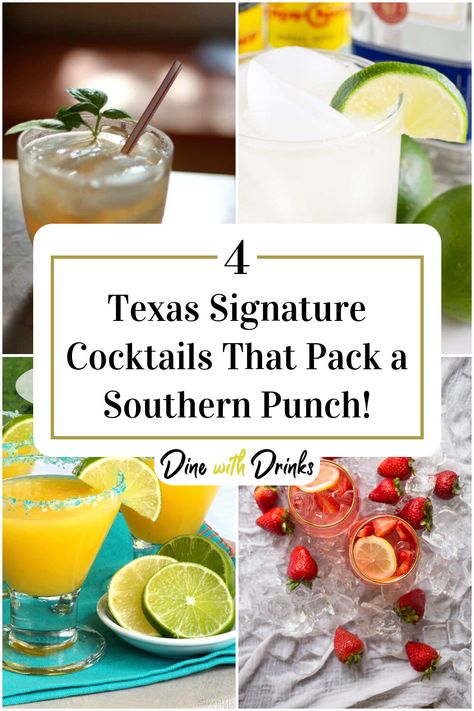 Collage of 4 texas signature cocktails. Fire Water Recipe, Texas Bbq Party, Cocktails For Party, Texas Themed Party, Texas Bbq Recipes, Cocktails Girls Night, Texas Cocktails, Signature Cocktail Drinks, Bbq Drinks