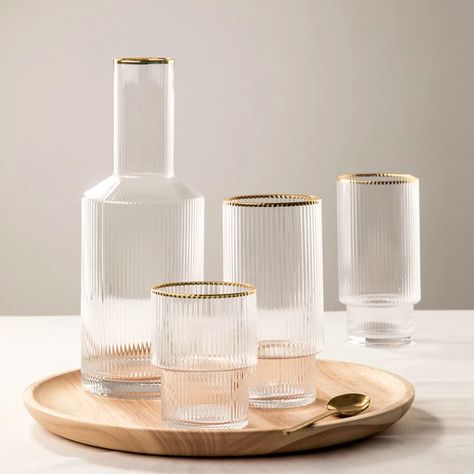 #ribbedglass #bedsidecarafe #kitchen Ribbed Glassware, Glass Range, Bedside Water Carafe, Aesthetic Glasses, Glass Water Jug, Bedside Carafe, Carafe Set, Glass Cup Set, Coffee With Alcohol