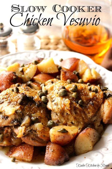 Satisfying Slow Cooker Chicken Vesuvio ⋆ Kudos Kitchen by Renée White Wine Caper Sauce, Chicken Vesuvio Recipe, Chicken Vesuvio, Caper Sauce, Best Slow Cooker Recipes, Crockpot Recipe, Chicken Crockpot, Easy Slow Cooker Recipes, Best Slow Cooker