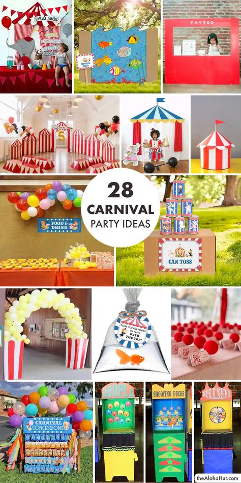 28 Awesome Carnival Party Ideas with a list of the best carnival games. Ideas for how to set up carnival booths and carnival tents. We've got lots of fun carnival ideas: popcorn garland, carnival concessions, carnival food, carnival signs, carnival decorations. Easy DIY carnival games: BINGO, scavenger hunt, mini golf, duck pond, fishing, carnival tattoos, carnival bean bag toss, duck games. Plus lots of ideas for the best carnival prizes and party favors. Cheap Carnival Party Ideas, Carnival Office Party, Carnival Theme Booth Ideas, Diy Carnival Concession Stand, Carnival Set Up Ideas, Carnival Birthday Party Prizes, Carnival Party Theme Decorations, Game Booth Ideas School Carnival, Diy Backyard Carnival Rides