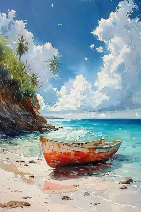 Landscape Boat Paintings, Painting Beach Ideas, Abstract Landscape Painting Watercolor, Boat Art Painting, Beach Watercolor Paintings, Boats Watercolor, Nature Watercolor Paintings, Landscape Paintings Watercolor, Ship Watercolor