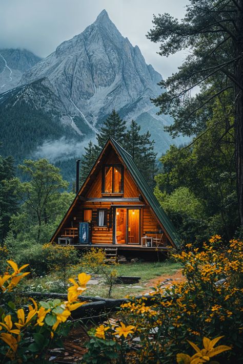 A-Frame Alpine Adventure 🏔️🏡 Cabin In Mountains, Cottage Mountain, Cottage In The Mountains, Reference Landscape, Forest Hut, Alpine Cabin, Cabin Painting, Winter Cabins, A Frame Houses