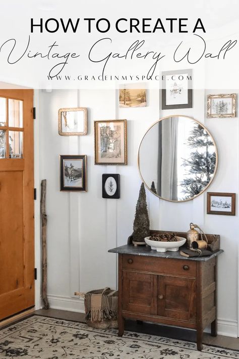 Creating a vintage gallery wall is a stunning way to infuse character and charm into your home. Here are some budget friendly options to try! #vintagegallerywall #gallerywall #vintageart #antiques #antiquedecor #antiqueart #vintageartwork #gallerywallideas Creative Wall Art Decor, How To Decorate After Christmas, Antique Gallery Wall, Decorate After Christmas, Winter Decor After Christmas, Grace In My Space, Easy Winter Decorations, Entryway Gallery Wall, Gallary Wall