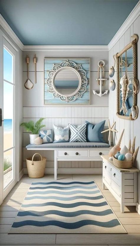 Beach House Entryway, Modern Coastal Living Room, Nautical Decorations, White Wicker Furniture, Rope Mirror, Beach House Living Room, Beach House Interior Design, White Bed Frame, Seaside Decor