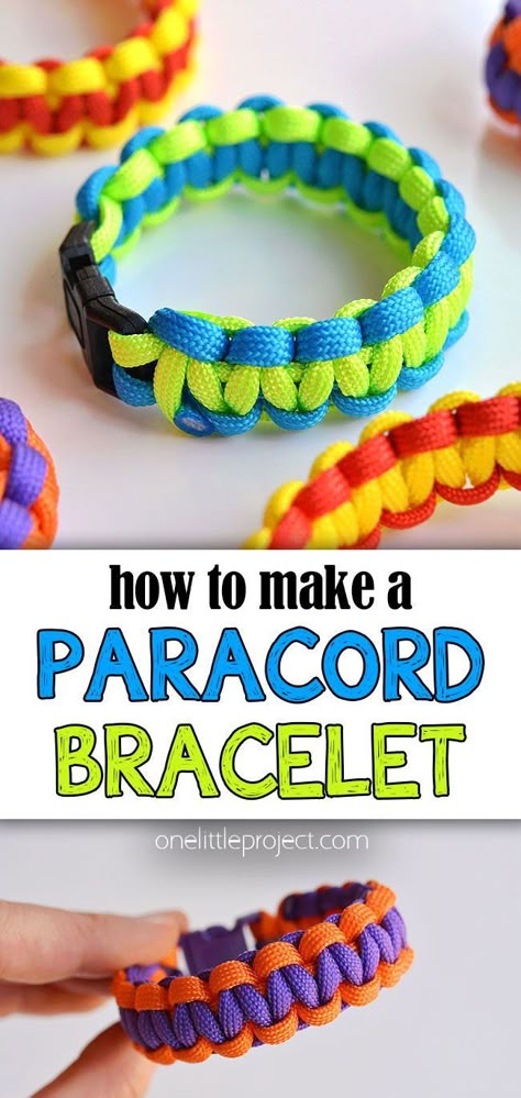 Learn how to make a paracord bracelet with these easy instructions. This would be a simple camping craft or camping activity for Scouts. Such a fun summer craft for kids and adults! Make Paracord Bracelet, Vbs Arts And Crafts For Kids, How To Paracord Bracelet, Beginner String Bracelet, Paradors Bracelet Tutorial, Summer Camp Crafts For Adults, Summer Camp Gifts For Kids, Crafts To Do While Camping, Kids Handicrafts Ideas