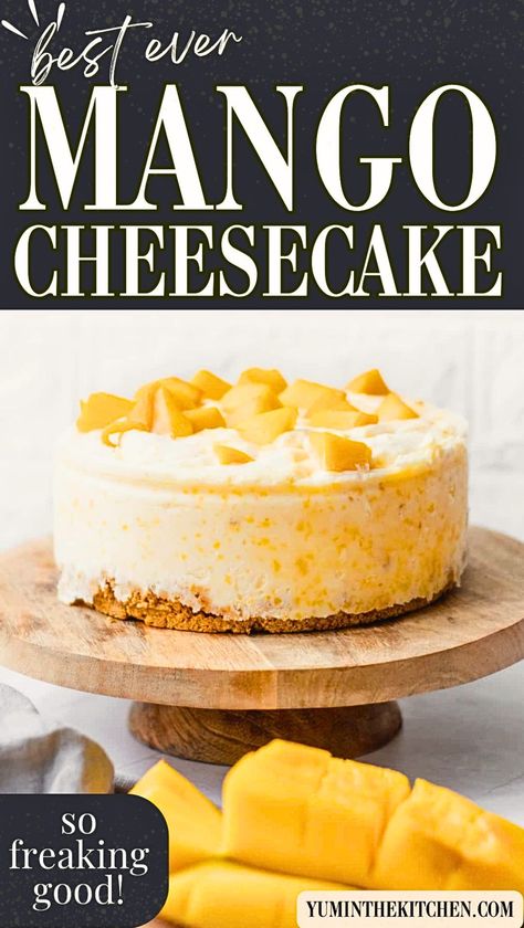 Looking for an easy, no bake dessert? Try this mango cheesecake recipe! It's creamy, refreshing, and features an easy graham cracker crust. Perfect for when you want a quick and delicious treat without turning on the oven. Ideal for summer parties or a family dessert night. Baked Mango Cheesecake, Easy Mango Cheesecake, Mango No Bake Cheesecake, Recipes With Frozen Mango, Mango Dessert Ideas, No Bake Mango Cheesecake Recipes, Mango Desserts Recipes, Easy Mango Desserts, Light Meals For Dinner