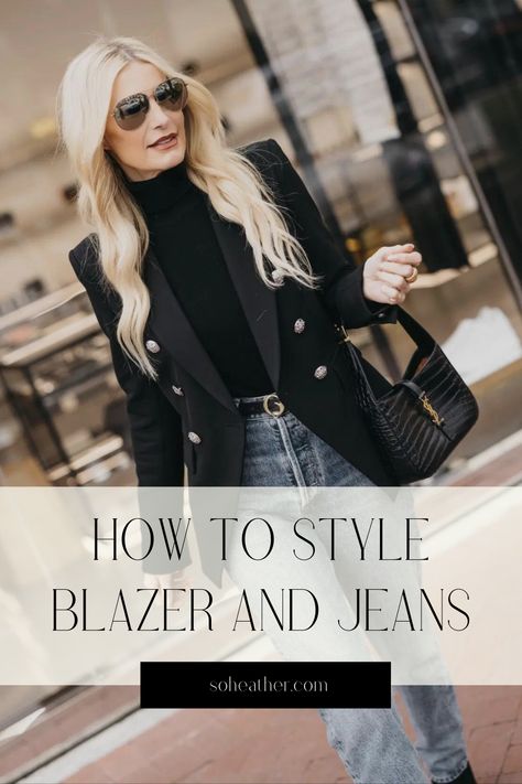 Blazer Jeans Boots Outfit Women, Black Blazer And Jeans Outfit Women Work, Black Jeans Blazer Outfit, Black Blazer Jeans Outfit Women, Blazer And Jeans Outfit Women Night Out, Jeans With Black Blazer Outfit, Blue Jeans Black Blazer Outfit, Black Satin Blazer Outfits, Blazer And Jeans Outfit Winter