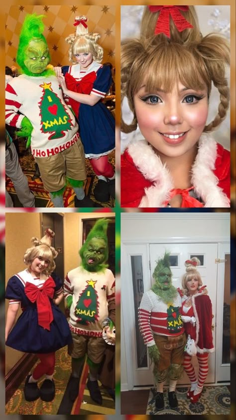 The Grinch Costume Families, Halloween Grinch Costume, Who’s From Whoville Costume, Whooville Outfits Ideas Diy, Whoville Dress Up Day At School, Grinch And Whoville Costumes, Cindy Lou Who Halloween Costume, The Grinch Characters Costumes, Whoville Dress Up