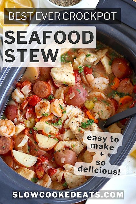 If you're looking for a flavorful and easy meal that will fill your kitchen with the enticing aromas of the sea, then this Slow Cooker Seafood Stew is the perfect crockpot meal idea. This seafood recipe combines tender cod, juicy shrimp, and delicious smoked sausage, all cooked together in a rich, flavorful broth. Crockpot Seafood Stew is sure to become a family favorite! Slow Cooker Seafood, Crockpot Seafood, Easy Crock Pot Recipes, Crockpot Meal, Slow Cooker Dinner Recipes, Seafood Recipe, Seafood Stew, Crock Pot Recipes, Tasty Dinner