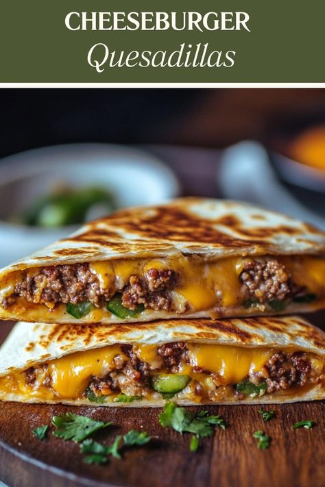 Cheeseburger quesadillas combine the best of both worlds into a crispy tortilla. I'm talking seasoned ground beef, melty cheese, sliced pickles, and more! Hamburger Meat Quesadilla, Hamburg Quesadilla, Hamburger Quesadilla Recipes, Beef Quesadilla Recipes, Hamburger Quesadilla, Quick Camping Meals, Cheeseburger Burrito, Cheeseburger Quesadillas, Crunchy Dill Pickles