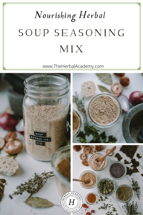 Nourishing Herbal Soup Seasoning Mix | Herbal Academy | These days, it is important to build a strong immune system. This herbal soup seasoning mix is one nourishing way to do that! (#affiliate) Immunity Soup, Seasoning Mix Recipes, Iodine Rich Foods, Soup Seasoning, Farm Stand Ideas, Wild Food Recipes, Farm To Table Recipes, Healing Soup, Herbal Soup