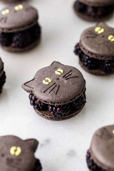 Blackberry Cat Macarons - Posh Little Designs Cat Macarons, Dark Chocolate Ganache Recipe, Holiday Macarons, Macaron Designs, Macarons Ideas, Cat Bakery, Macaron Ideas, Chocolate Ganache Recipe, Adorable Food