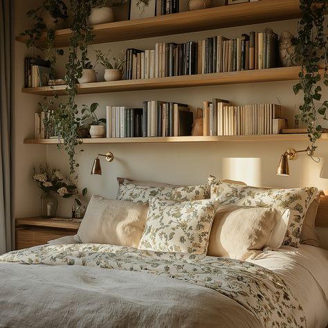 Master Bedroom Header shelves Rectangle Window Above Bed, Tall Shelves Next To Bed, Long Wall Shelf Bedroom, Built In Bookcase Around Bed, Book Shelf Behind Bed, Over The Bed Shelving, Plant Shelves Above Bed, Floating Wood Shelves Bedroom, Built In Bookshelf In Bedroom