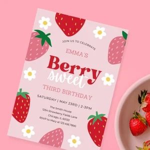 Strawberry birthday invitation - Etsy Strawberry Birthday Invite, Berry Sweet Birthday Invitation, Strawberry Two Birthday, Strawberry First Birthday Invitations, Berry First Invitation, Strawberry Third Birthday Party, Berry First Birthday Invitation Free, Berry 1st Birthday Invitation, Strawberry Party Invitations