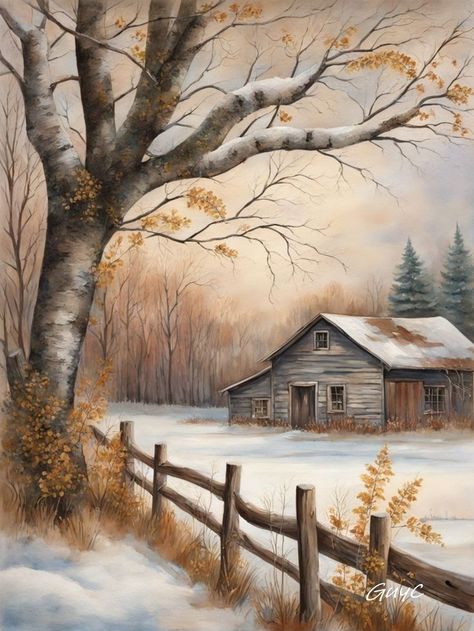 Winter Landscape Drawing, Winter Scene Paintings, Sunset Canvas Painting, Barn Pictures, Farm Paintings, Winter Landscape Painting, Barn Painting, Wood Painting Art, Scenery Paintings