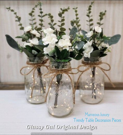 Luxurious Table Decoration Pieces | Garden Design Inspirations | Unique table decorations | Glass Unique Table Decorations, Jar Centerpiece Wedding, Wedding Centerpieces Mason Jars, Mason Jar Centerpiece, Lighted Centerpieces, Decoration Pieces, Event Centerpiece, Jar Centerpieces, Wedding Shower Decorations