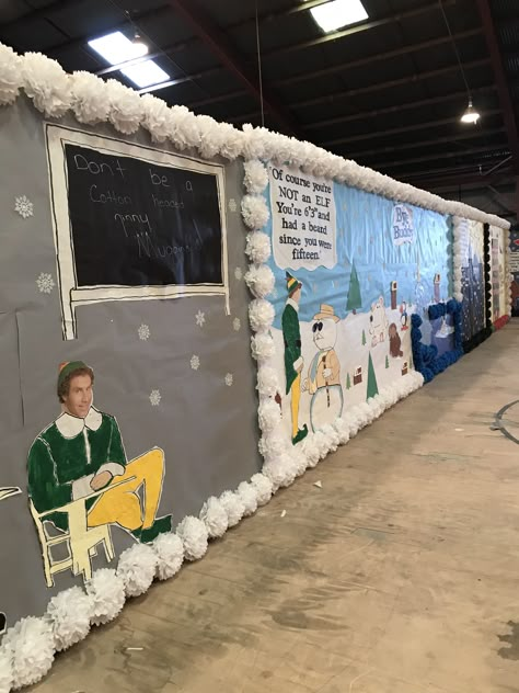 Buddy The Elf School Hallway, Buddy The Elf Hallway Decorations, Elf Office Decorations, Elf Classroom Decorations, Elf Hallway Decorations School, Christmas Hallway Decorations School, Elf Movie Decorations, Elf Themed Christmas Party, Movie Decorations