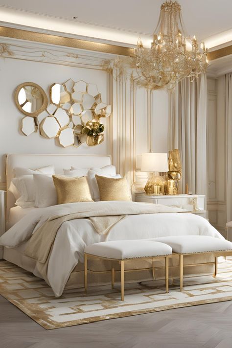 Minimalist Bedroom Gold Accents, White And Gold Guest Bedroom, Bedroom Ideas White And Gold, Gold Bedroom Aesthetic, White And Gold Bedroom Ideas, Golden Bedroom, White Gold Bedroom, White And Gold Bedroom, Rattan Bedroom Furniture