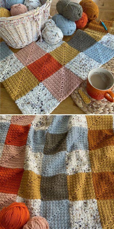 Quilt Like Crochet Blanket, Bobble Afghan Crochet Patterns, Speckled Squares Blanket, East Beginner Crochet Projects, Free Honeycomb Crochet Pattern, Relaxing Crochet Projects, Crochet Blankets With Squares, Crochet Blanket Dk Yarn, Unique Granny Squares Crochet Free Pattern