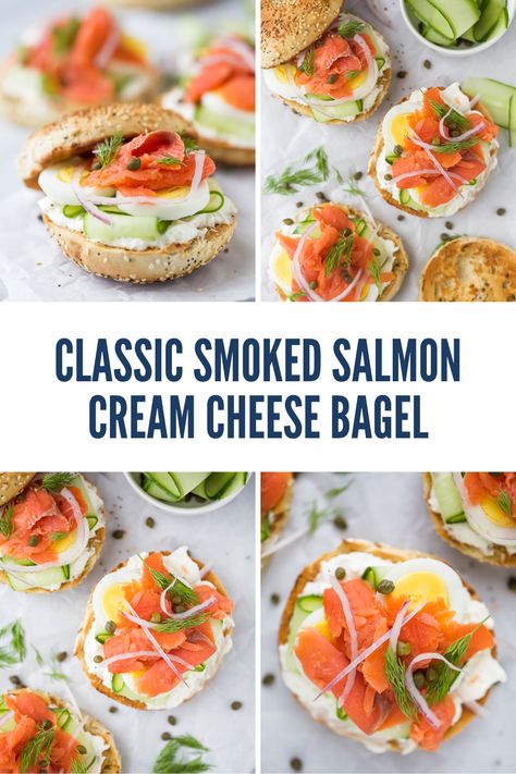 Searching for an eggless breakfast recipe alternative? Spread with cream cheese, this Smoked Salmon Bagel and Lox is a 5-minute breakfast full of crunchy veggie toppings. Top it with hard-boiled eggs, fresh dill, and capers for the perfect fancy breakfast or brunch. Bagels And Lox Recipe Smoked Salmon, Bagel And Salmon Cream Cheeses, Salmon On Bagel Cream Cheeses, Locks And Bagels, Salmon Bagels Smoked, Lox Recipe Breakfast, Bagels Lox And Cream Cheese, Bagels With Salmon, Salmon And Lox Bagels