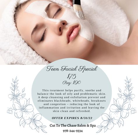 .August Spa Special! ....Teen Facial 🌺 The benefits of a Facial ...Learn Healthy Skin Care Habits. ...Combat Teenage Acne Flareups Due to Hormonal Changes ...Help Teens Learn to Refrain from Picking & Popping ...Teen Facials Keep Skin Clearer Between Dermatologist Visits ...Teen Facials Provide Improved Self-Esteem with Immediate Results #skintips #acnetreatment #cleanskincare #healthyskin #skingoals #skincareaddict #clearskin #acne #skincare #chelmsfordma #cuttothechasesalon #chelmsfordmaspa Benefits Of A Facial, Teen Facial, Facial Benefits, Teenage Acne, Spa Specials, Acne Skincare, Hormonal Changes, Day Spa, Healthy Skin Care