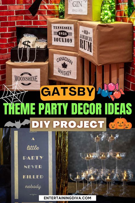 DIY Great Gatsby Decorations | Great Gatsby Party Great Gatsby Bar Ideas, Prohibition Party Decorations Diy, Great Gatsby Bar Decor, 1920s Centerpieces Diy, 1920 Party Decorations Diy, Roaring 20s Signs, 1920 Speakeasy Party, Speakeasy Party Decorations Diy, 1920s Decorations Roaring 20s