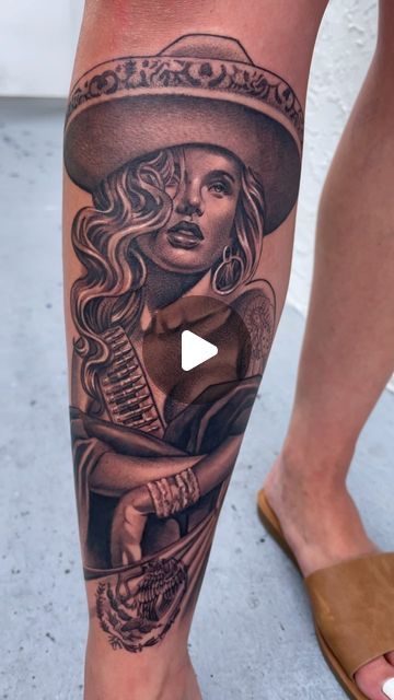 Mexican Charra Tattoo, Charra Tattoos Mexican, Charra Tattoos, Mariachi Tattoo, Mexican Heritage Tattoos, Mexican Tattoo, Full Leg Tattoos, Tattoo Filler, Mexican Culture Art