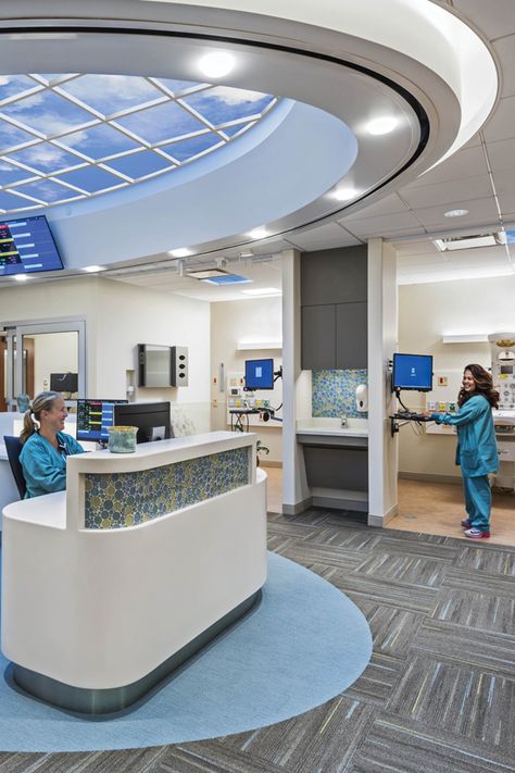 Healthcare staff wellness and patient satisfaction depend on restorative surroundings. The environment of care can either exacerbate or mitigate the impact of daily stress and long shifts. Learn how nurse stations outfitted with Luminous SkyCeilings at Delnor Hospital open up clinical environments and bolster emotional balance and mental acuity. Enhance staff wellness with research-verified virtual skylights designed to mitigate the pressures of the healthcare workplace. Clinic Facade, Hospital Nurse Station, Nurse Station, Trinity University, Hospital Ward, Hospital Emergency, Science Gadgets, Hospital Management, Senior Living Facilities