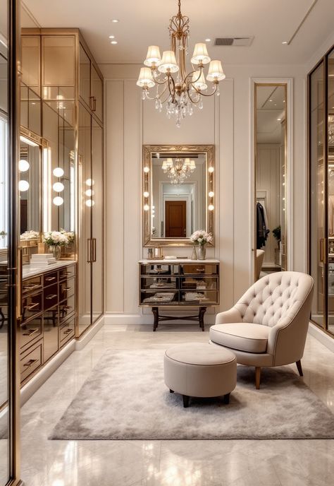 Walk in Closet Ideas Small Luxury Dressing Room, Closets That Look Like Boutiques, Bedroom As Dressing Room, Closet With Mirror Inside, Narrow Dressing Room Ideas, Colourful Dressing Room, Luxury Changing Room, Dressing Room With Mirror, Stucco Remodel