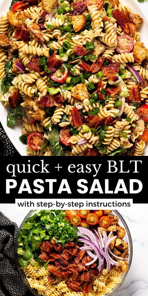 This BLT pasta salad is an easy lunch all summer long and a new favorite for backyard barbeques! It comes together in a snap (yes, even with the bacon - I have a secret to share with you!), and manages to combine the familiar comfort of a BLT sandwich with a tangy balsamic dressing - that doesn't have any mayonnaise or ranch - and perfectly al dente pasta!! Side Salad With Pasta, Healthy Blt Pasta Salad, Easy Salad For Bbq, Easy Summer Pasta Salad Recipes, Quick And Easy Summer Lunch Ideas, Fresh Summer Salad Recipes, Summer Pasta Dishes Dinners, Easy Dinner Recipes For Summer, Healthy Summer Pasta Salad