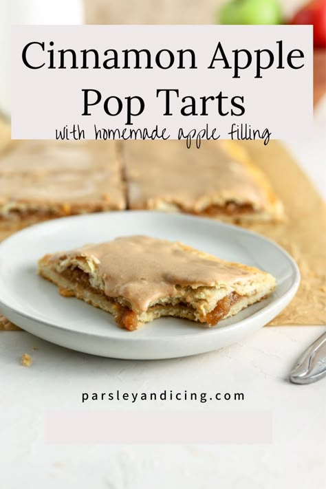 These apple pop tarts are made with flaky pie crust and a warmly spiced homemade apple pie filling. They are topped with delicious cinnamon icing. They make the perfect breakfast or dessert for fall and the holiday season! Pop Tarts With Pie Crust, Apple Pop Tarts, Cider Caramel, Apple Pie Pops, Apple Cider Caramel, Icing Glaze, Pastry Treats, Poptart Recipe, Apple Pastry