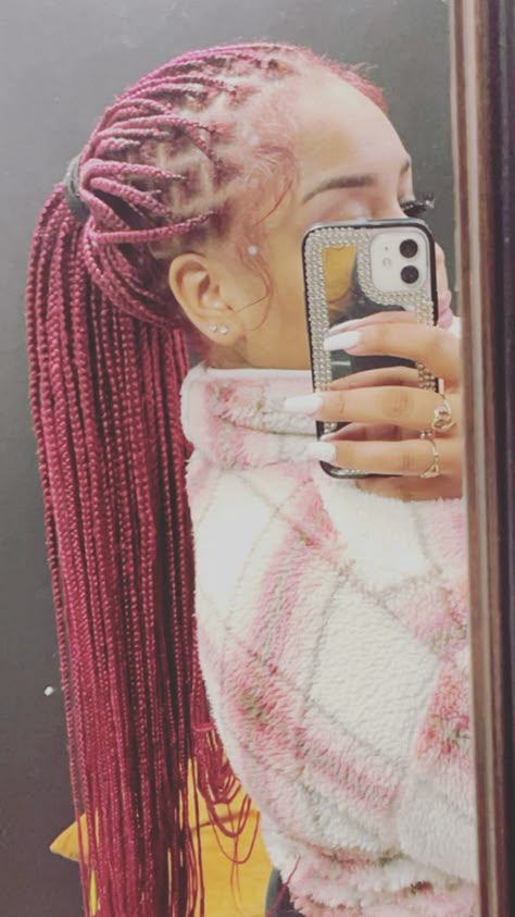 Dyed Hair With Knotless Braids, Braided Dyed Hair, Maroon Box Braids Black Women, Burgundy Hair Knotless Braids, Burgundy Protective Hairstyles, Burgundy Knotless Box Braids With Curls, Braided Hairstyles Burgundy, Magenta Knotless Braids, Pink Small Knotless Braids