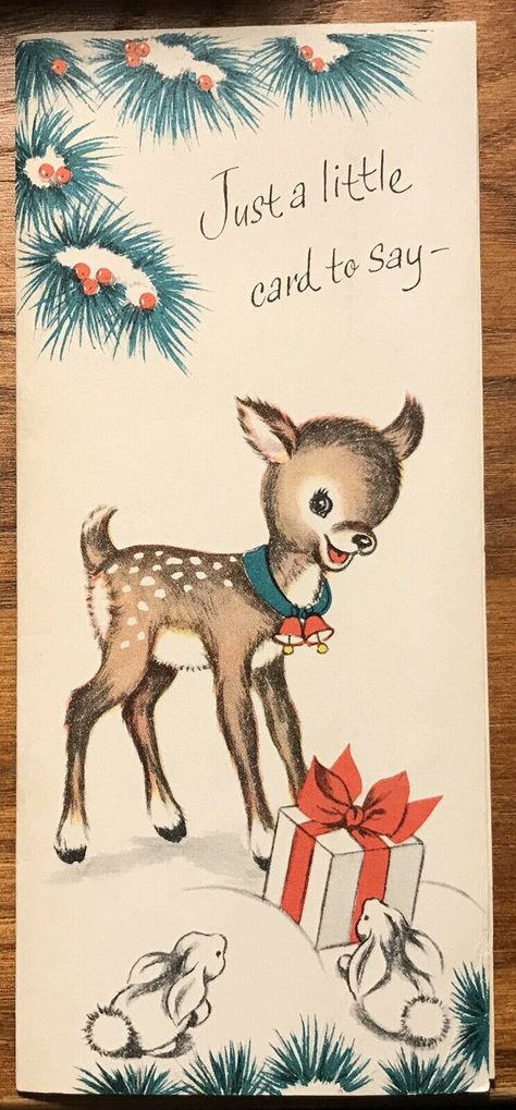 Vintage Buzza Cardozo Christmas Card Deer Bunnies Gift - Birds Inside Vintage Reindeer, Xmas Greetings, Vintage Christmas Greeting Cards, Deer Fawn, Baby Reindeer, Nostalgic Christmas, Vintage Christmas Images, Christmas Card Art, Bunny Gifts