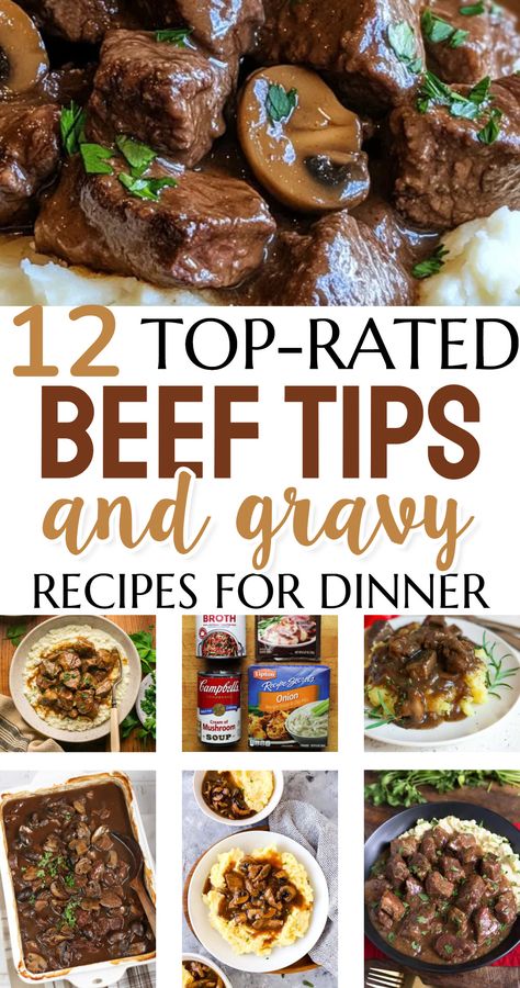 12 top-rated beef tips and gravy recipes - crockpot, oven one pot stove top and instant pot for easy dinner recipes for family with kids budget cheap meals for a family low budget struggle meals easy no mess dinner Simple Beef Tips And Gravy, Beef Tips And Gravy Stove Top, No Mess Dinner, Best Beef Tips And Gravy, Beef Crockpot Meals, Crockpot Recipes Beef Tips, Best Beef Tips, Crockpot Recipes Easy Cheap, No Peek Beef