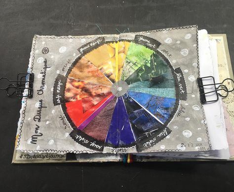 Week 2 of #52weeksartjournal @raspberrybluesky . Prompt : create your own color wheel. #journal #oldbook #junkjournal #raspberrybluesky #prompts #challenge #artjournalingchallenge #mixedmedia #fraliart #colorwheel #disquechromatique #52weeks Color Wheel Art, Color Theory Art, Gcse Art Sketchbook, A Level Art Sketchbook, Colour Wheel, Collage Book, Sketchbook Pages, Gcse Art, Art Courses