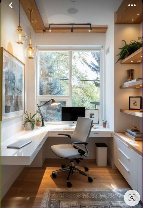 Small Home Office Addition, Home Office Rectangle Room, Office Space In Home, Home Office Built Ins With Desk Around Window, Home Office Lots Of Windows, Office From Home, Office With Floor To Ceiling Windows, Corner Desk Window, Home Office Corner Window