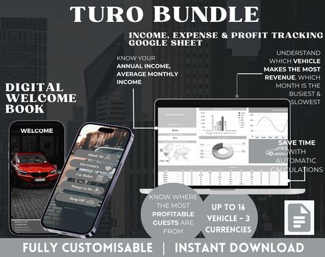 Turo Bundle Income Expense Profit Tracker Spreadsheet Google Sheets Welcome Book Rental Car Profit Spreadsheet for Turo Hosts Turo Car Rental, Profit Tracker, Book Rentals, Google Spreadsheet, Rental Business, Rental Car, Expense Tracker, Country Maps, Google Sheets