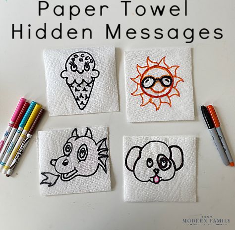 These Paper Towel Hidden Messages are made with markers, paper towels, and water. It's one of the best science experiments in water & kids love it! Paper Towel Water Experiment, Marker And Water Art, Paper Towel Marker Water, Magic Paper Towel Experiment, Magic Paper Towel Art, Water Arts And Crafts, Science Experiments With Water, Experiments With Water, Paper Towel Art